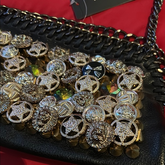 Black Shoulder Bag with Decorative Embellishments and Chain Strap - Picture 7 of 7